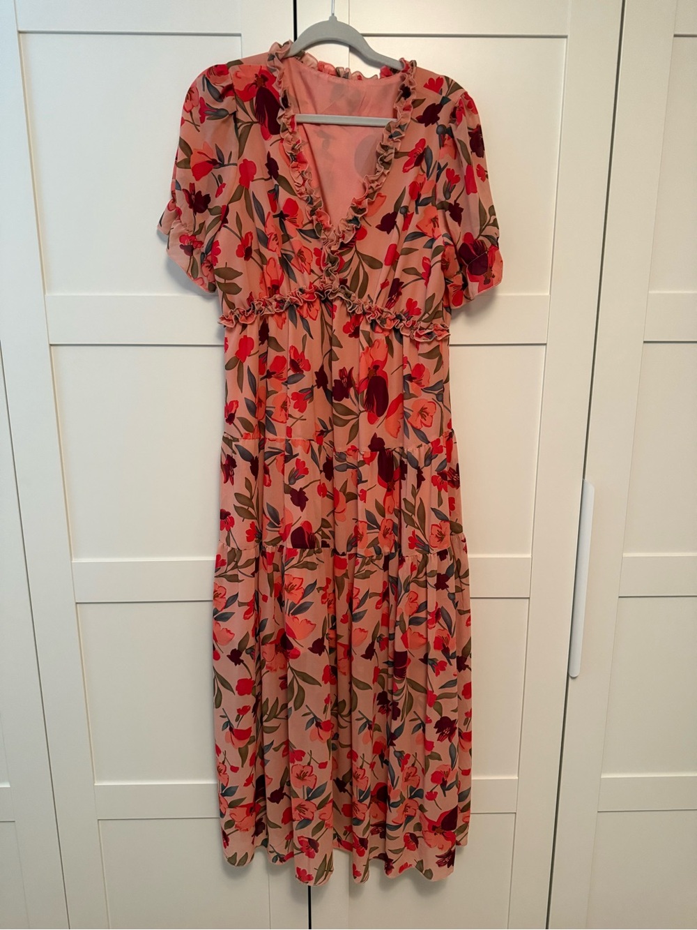 Floral Orange Maxi Dress with Ruffle V-Neck